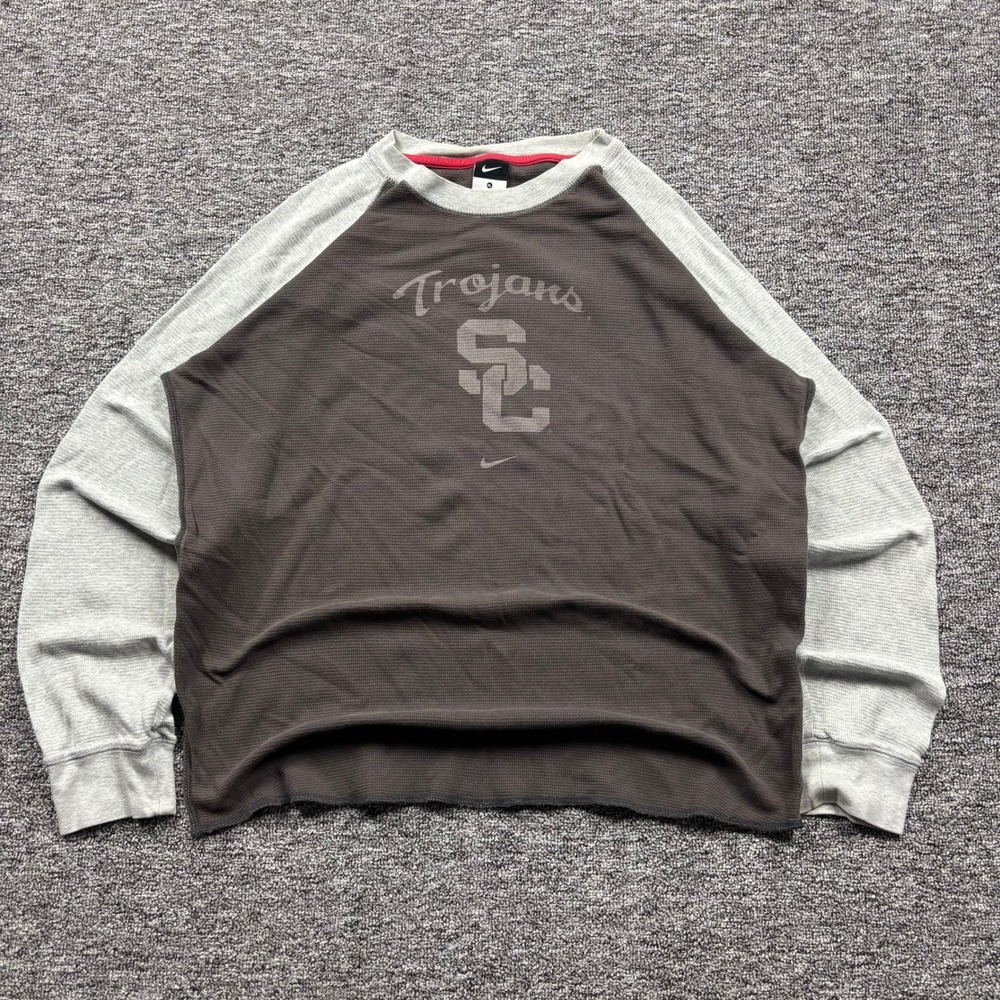 Vintage Y2K Nike USC Trojans Center Swoosh Thermal Shirt Brown Grey Men Size XL